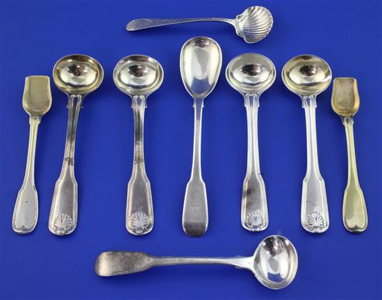 Nine assorted 19th century silver condiment spoons, 4.5oz.